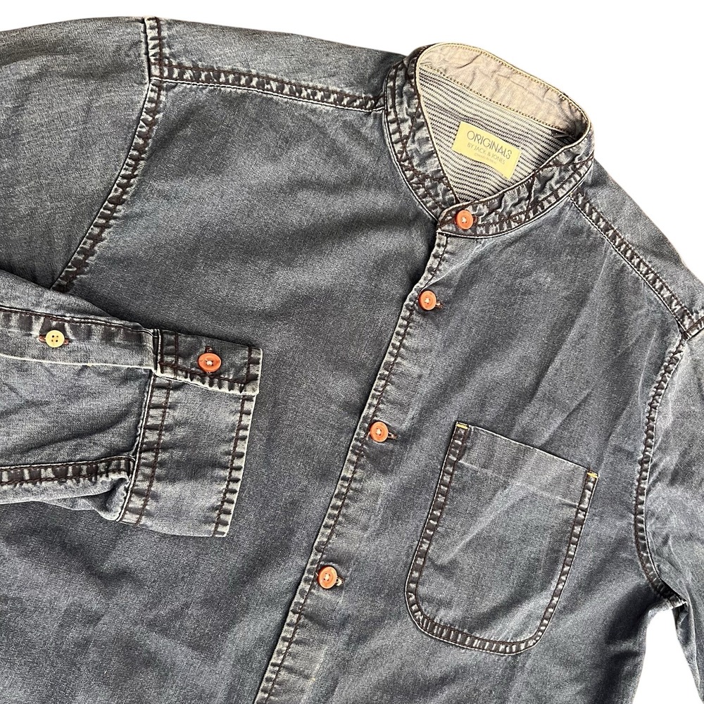 Jack & Jones Denim Shirt Womens Medium Blue Band Collar Bulldog Patch Gorpcore